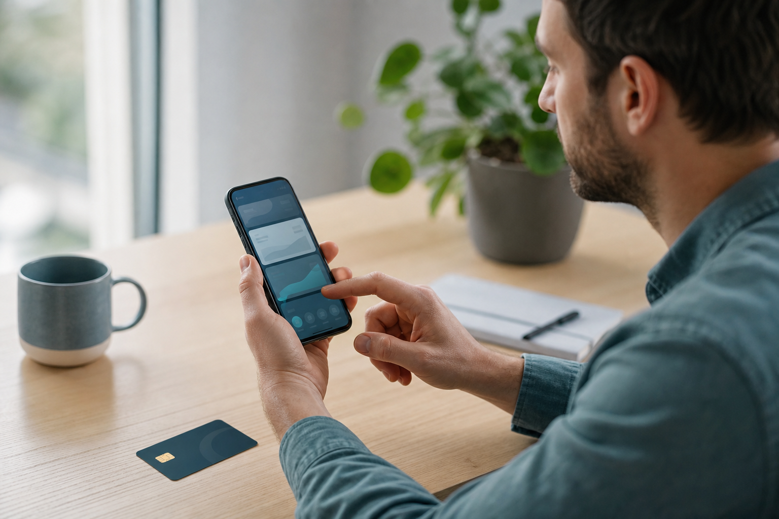 Personne consultant une application bancaire avec une carte bancaire générique