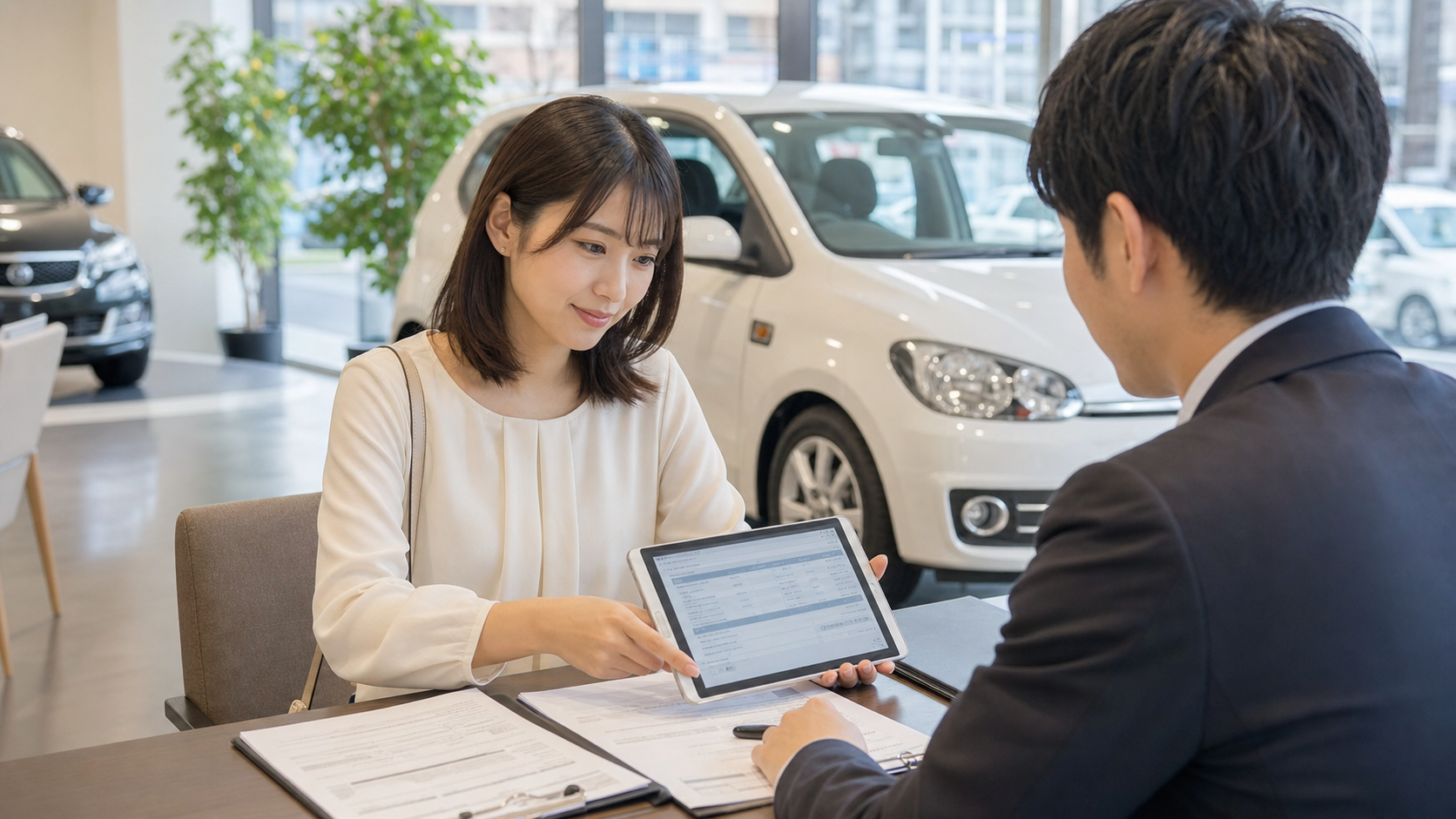 Japanese driver reviewing car loan approval on a smartphone
