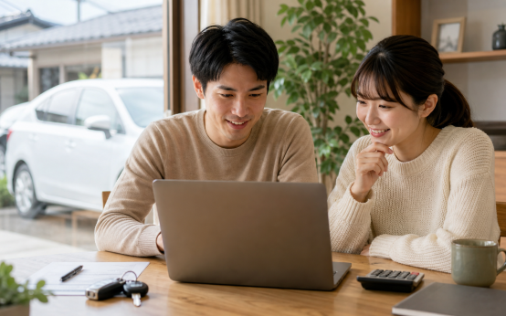 Japanese couple comparing car loan options before buying a vehicle