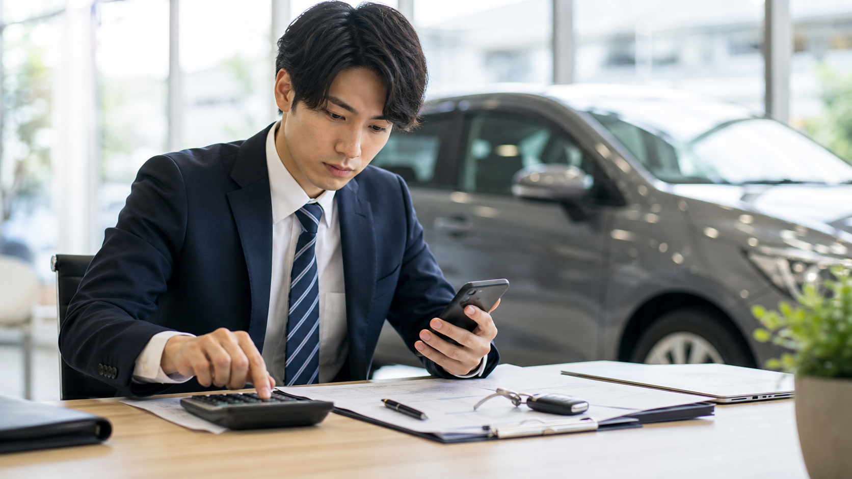 Japanese couple comparing car loan options before buying a vehicle