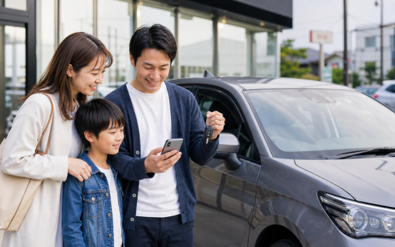 Japanese family checking car financing details beside a new car