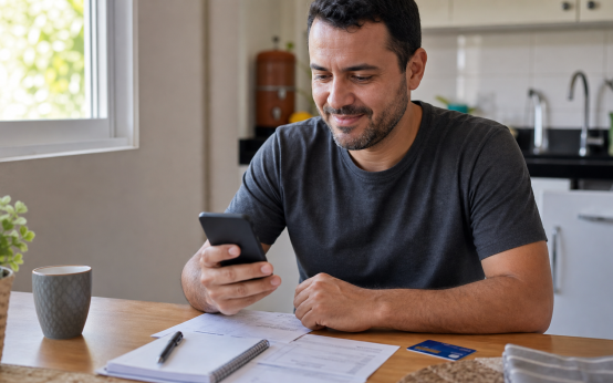 Pessoa analisando cartão e fatura no celular